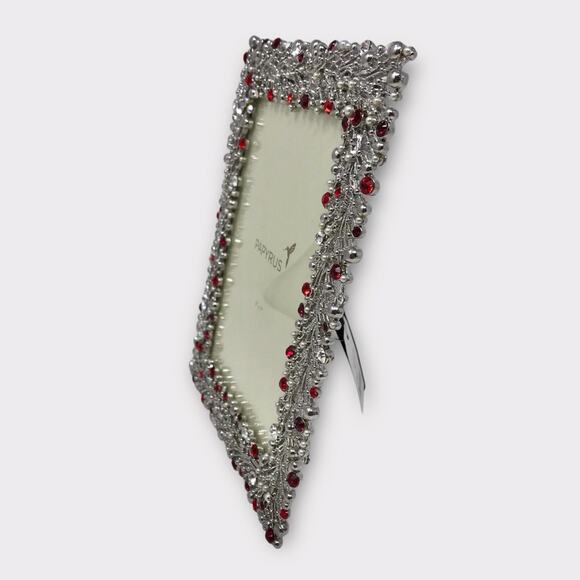 Papyrus NWT Photo Frame 5x7 Silver and Fuchsia Red White & Faux Pearl Gemstone - Picture 2 of 7